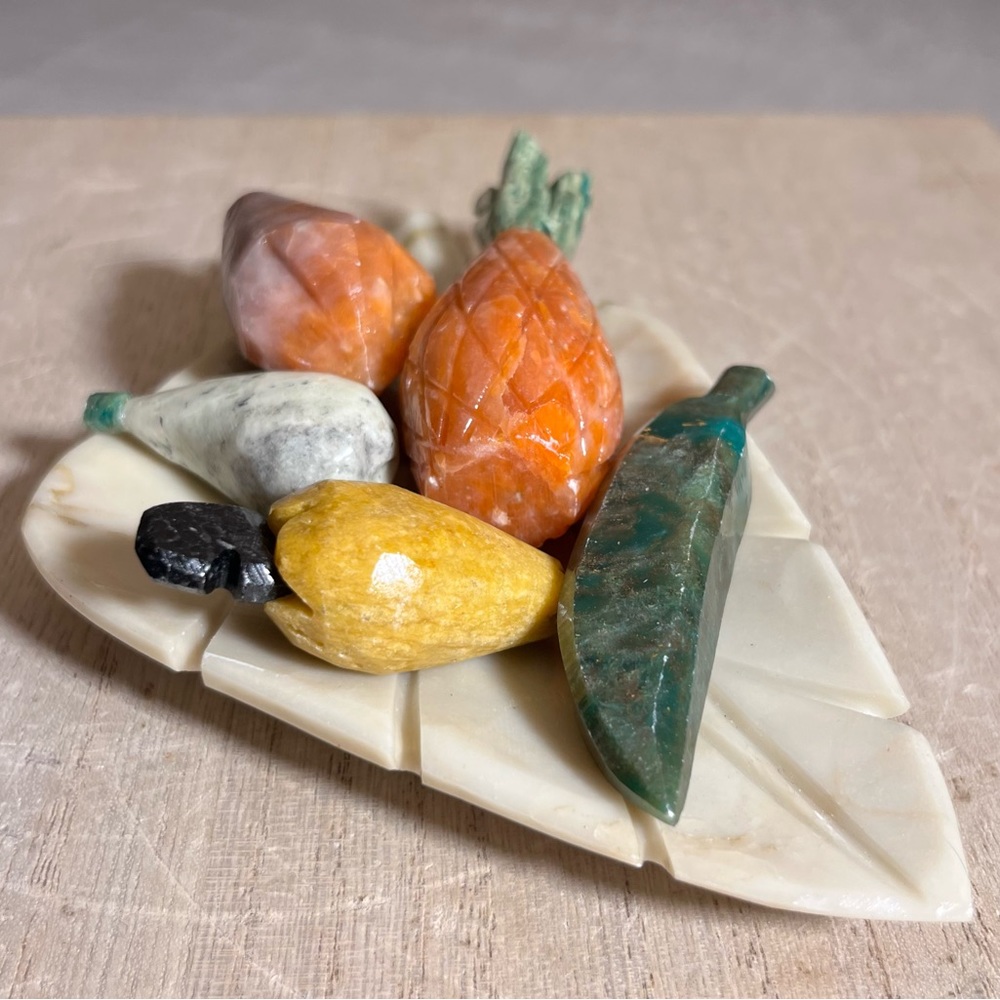 Vintage MCM Alabaster Store Carved Vegetables on Carved Stone Leaf Plate
